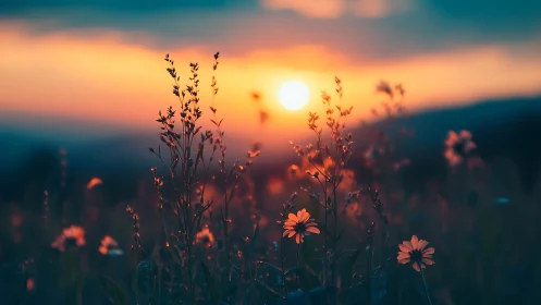 Gentle wildflowers glow softly beneath a warm sunset sky