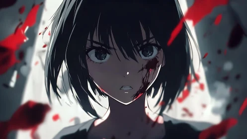 Close frontal view of injured anime girl with bloodstains.