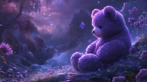 Purple teddy bear in glowing fantasy forest at dusk.