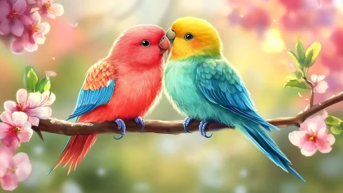 Two Colorful Parrots on Blossom Branch, Digital Art Illustration.