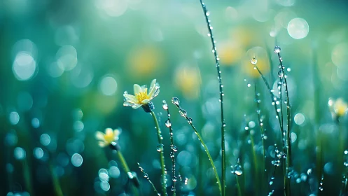 Dew-Laden Wildflowers with Atmospheric Bokeh Depth.