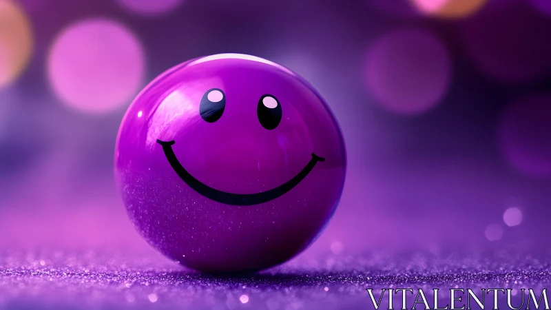 Vibrant purple smiley sphere beaming in dreamy bokeh glow.