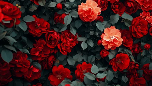 Red roses with coral blooms and dark foliage.