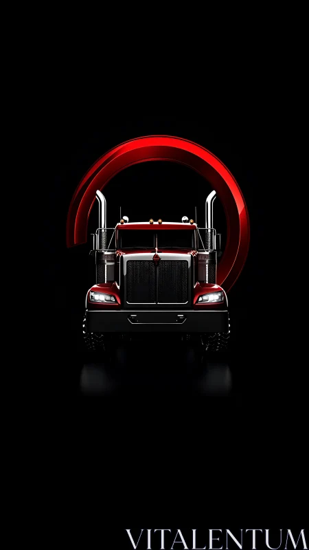Red semi truck front view with bold arc accent graphic.
