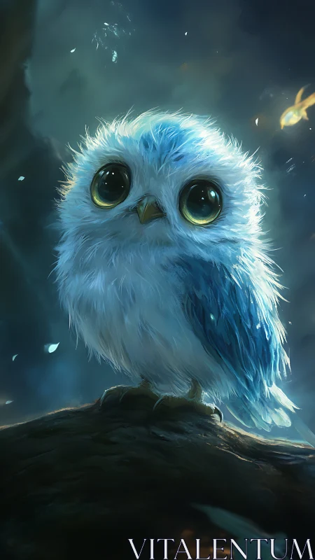 Small blue owl on branch in soft glowing forest light.