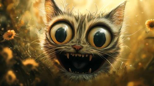 Hyperbolic feline portrait with oversized ocular distortion.