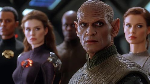 Alien commander stands before human crew in sharp focus