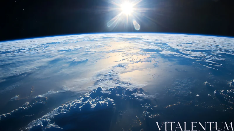 Sunrise above Earth&rsquo;s blue horizon from outer space.