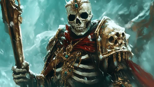 Regal skeletal warlord wrapped in crimson and cold light.