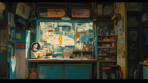 Cozy cluttered art desk in a warm, teal-toned studio.