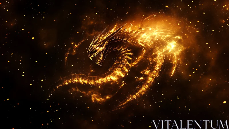 Luminous Fire Dragon in Cosmic Void, Dynamic Digital Painting.