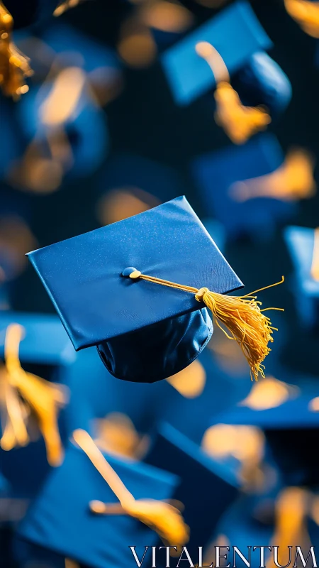 Joyful blue graduation caps dancing through the sky.