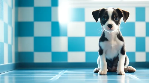 Small puppy on blue tiled floor in checkered room.