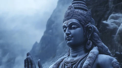 Blue-toned Shiva sculpture set against misty rock face.