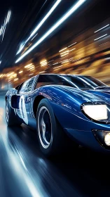 Blue racing coupe on motion-blurred urban roadway at night.