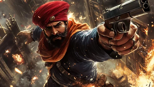 Turbaned gunfighter lunging through explosive urban chaos.