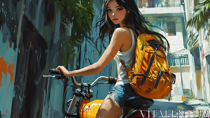 Young cyclist pauses in urban alleyway environment