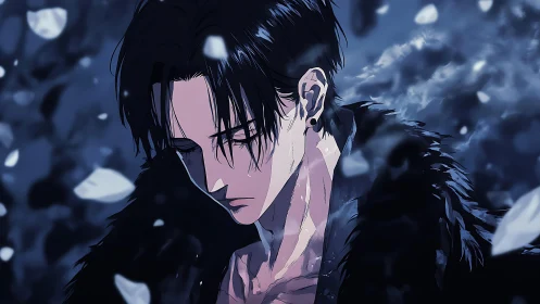 Brooding night wanderer wrapped in falling petals and fog.