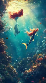Mermaid swims through sunlit coral reef with marine life