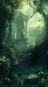 Verdant overgrown stairway to neoclassical jungle ruins.