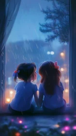 Childhood silhouettes at rainy window with warm city bokeh