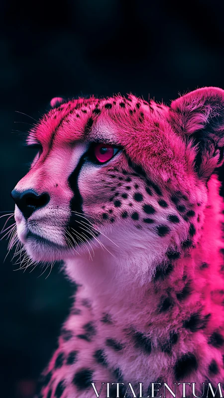 Profile view of cheetah under magenta and blue lighting.