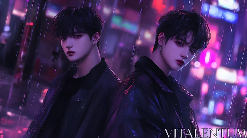 Rain-soaked twins in neon city glow share a quiet moment.