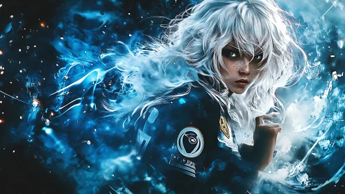 Starborn girl wrapped in swirling blue cosmic energy.