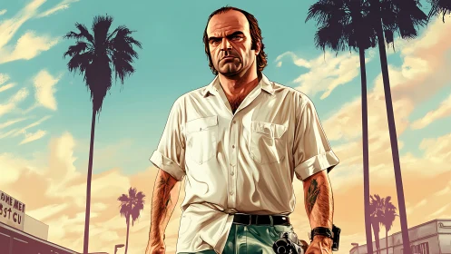 Tough criminal strides through neon-tinted palm street scene.