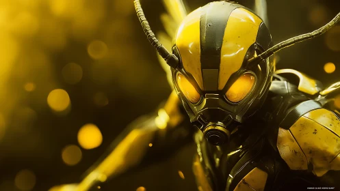 Cybernetic yellow wasp warrior in dynamic close-up portrait.
