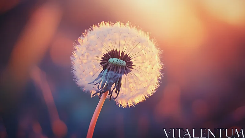 Backlit dandelion seed head glows against warm sunset sky