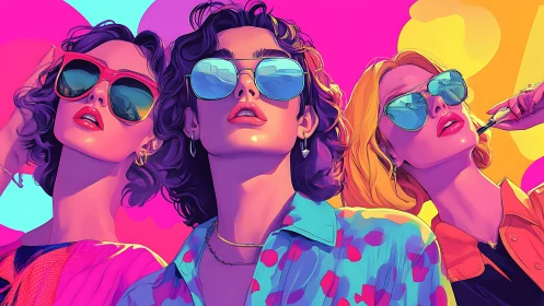Three stylish women in vibrant pop art style wearing sunglasses.