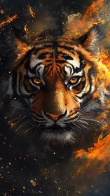 Incandescent tiger visage amid combustive chromatic turbulence.