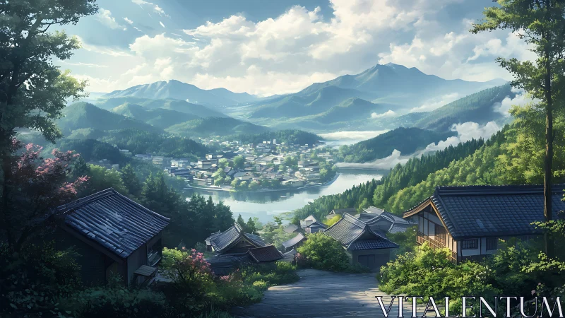 Digital landscape shows hillside village above river basin