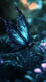 Bioluminescent lepidopteran macro in nocturnal bloom field.