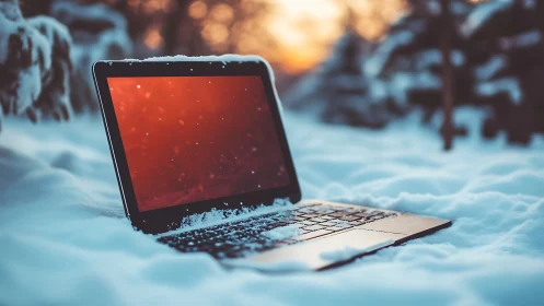 Laptop with red screen partially buried in winter snow.