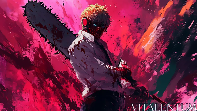 Blood-soaked chainsaw hero framed by wild crimson energy.