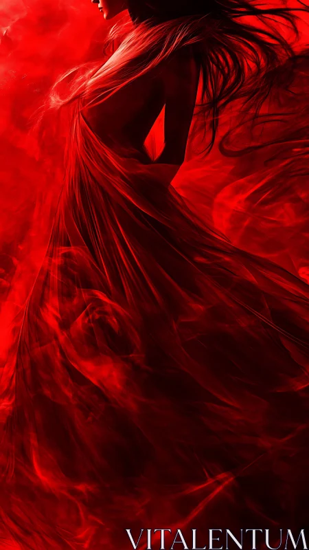 Silhouetted woman emerges from swirling red smoke veil