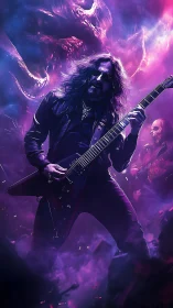 Demonic stage guitarist shreds in neon purple haze.