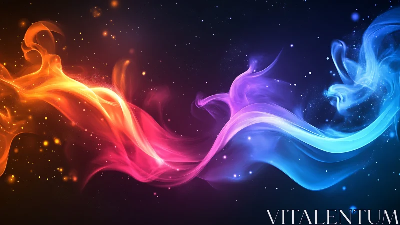 Swirling neon light waves: orange, pink, and blue luminous ribbons against dark starry background