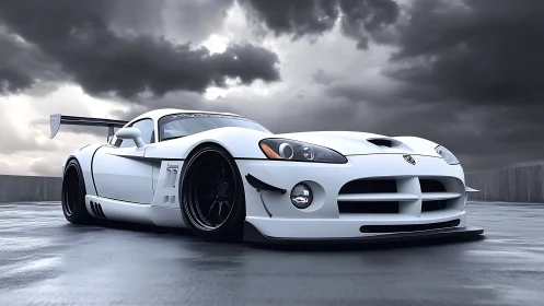 Aerodynamic track-spec supercar under storm-loaded skyscape.