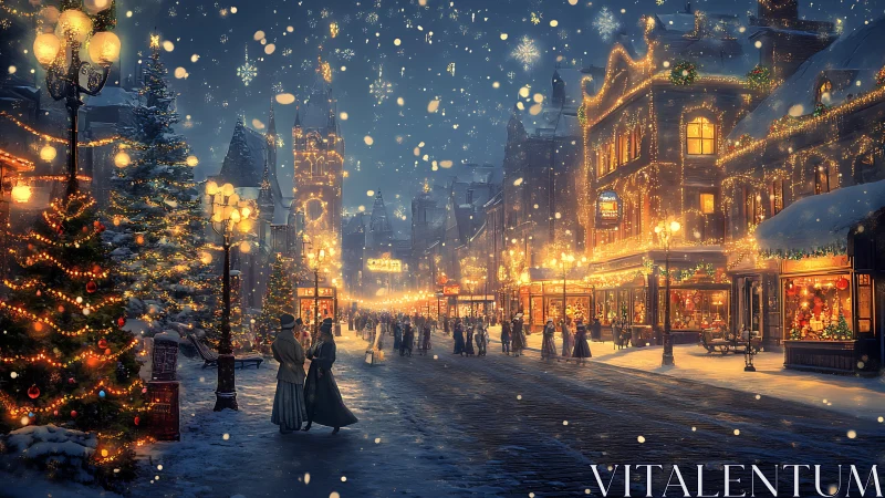 Victorian winter street under golden festive illumination.