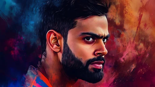 Intense male portrait in vibrant dual-toned digital painting.