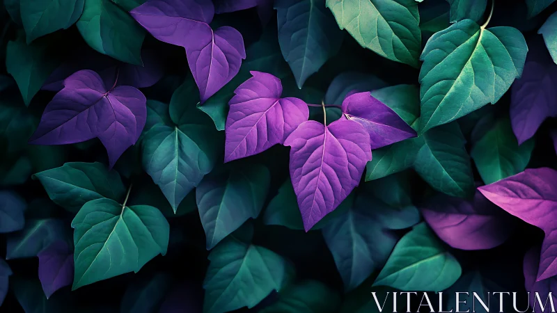Iridescent purple foliage amid deep teal leaves at dusk.