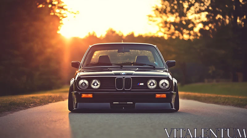 Sunset road idol: slammed classic BMW basking in gold light.