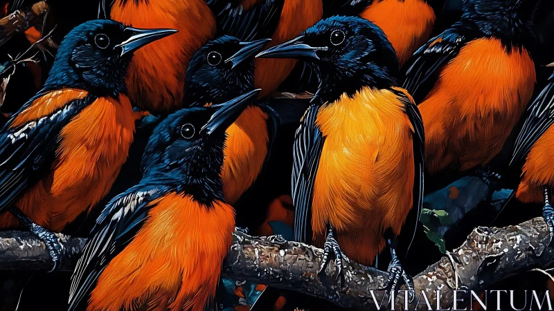 Vibrant Baltimore Orioles Perched on Branch in Digital Painting.
