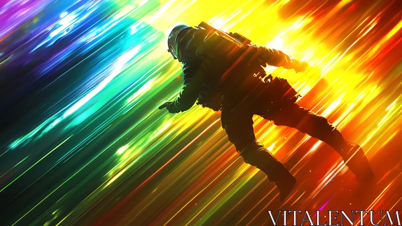 Solitary astronaut drifts through a prismatic lightstorm in space