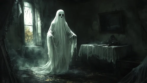 Ghostly figure haunts a decaying room shrouded in eerie mist