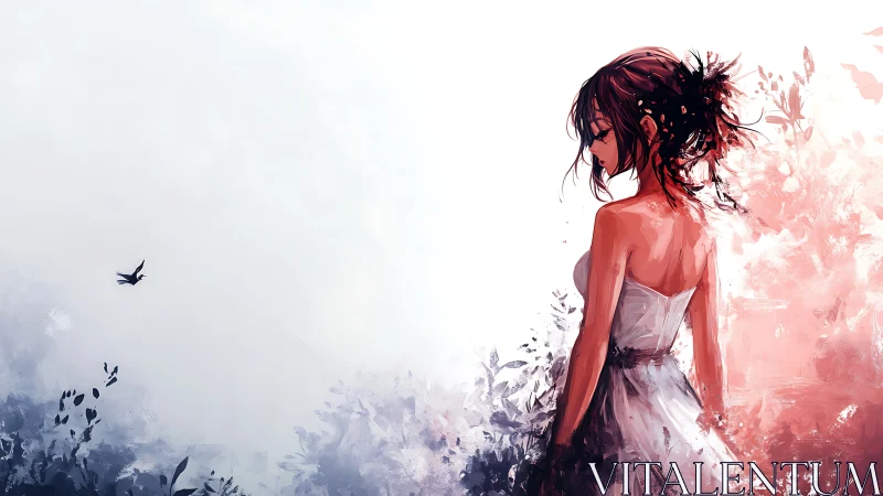 Girl in white dress stands in abstract floral background