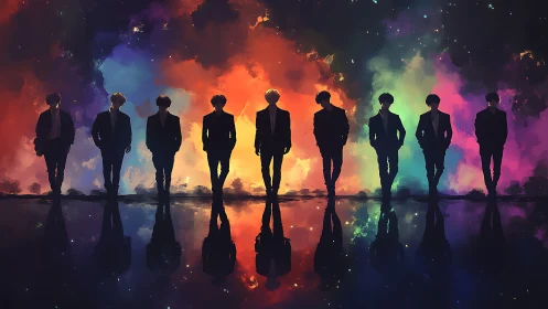 Silhouetted figures before multicolored nebula backdrop.